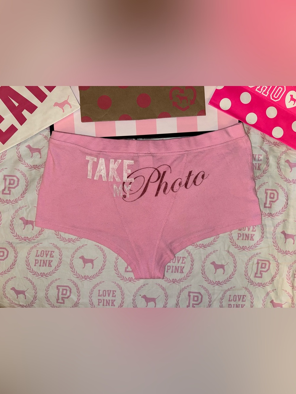 VS PINK VINTAGE Y2K THERMAL DORM SLEEP SHORTS PANTY “TAKE MY PHOTO” RARE HTF LG